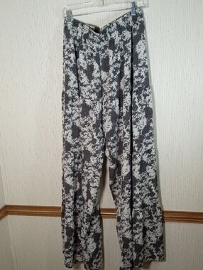 Tyche Gray & White Wide Leg Pants with Abstract Print,Boho, Festival,Made In USA